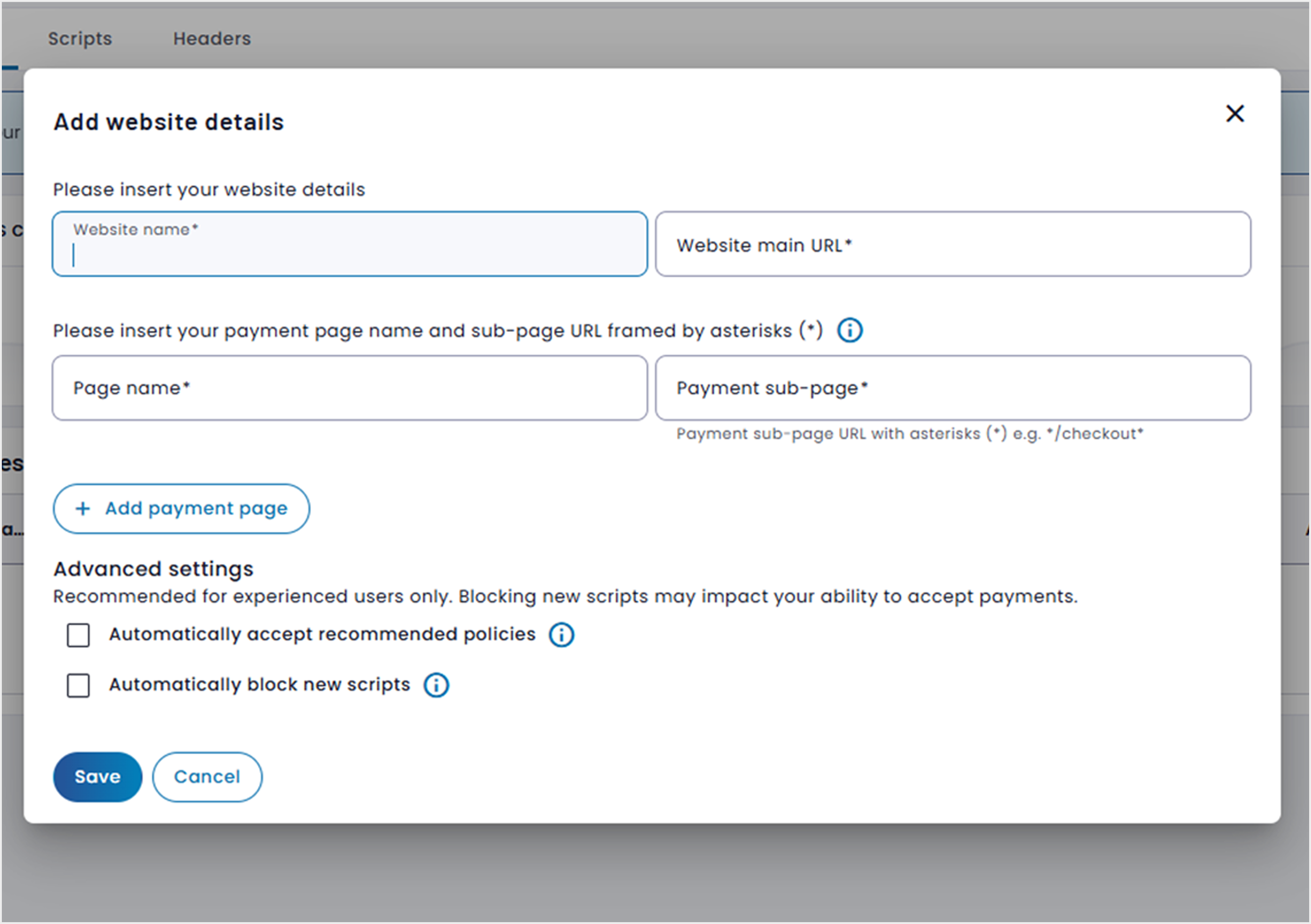 Print screen for adding your website details